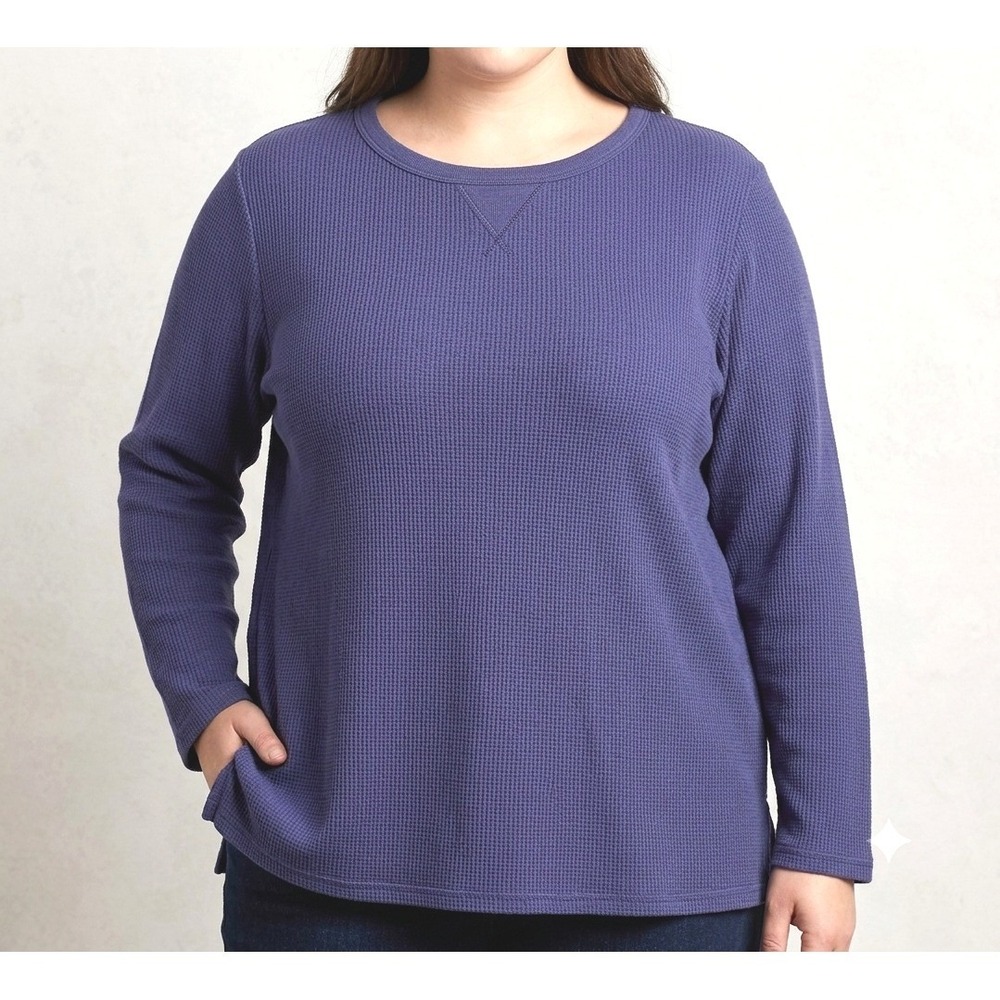 Woman Within Thermal Shirt Womens L 18/20 Plus Navy Blue Waffle Knit Long Sleeve